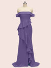 Sexy Off Shoulder Ruffles Long Soft Satin Party Prom Dresses With Slit