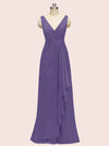 Elegant V-neck Floor Length Long Soft Satin Bridesmaid Dresses With Slit