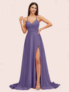 Elegant A-line Spaghetti Straps Long Soft Satin Bridesmaid Dresses With Slit For Sale