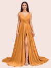 Elegant Spaghetti Straps V-neck Long Soft Satin Side Slit Bridesmaid Dresses