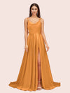 Elegant A-line Spaghetti Straps Long Soft Satin Bridesmaid Dresses With Slit Online