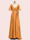 Elegant V-Neck A-Line Long Soft Satin Short Sleeve Bridesmaid Dresses