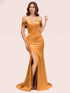 Sexy Off Shoulder Side Slit Long Soft Satin Mermaid Bridesmaid Dresses Online
