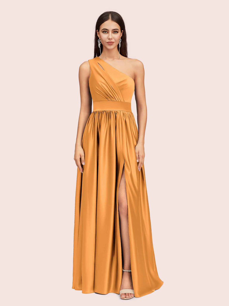 Sexy A-Line One Shoulder Long Side Slit Soft Satin Bridesmaid Dresses Sexy A-Line One Shoulder Long Side Slit Soft Satin Bridesmaid Dresses
