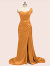 Sexy One Shoulder Long Soft Satin Mermaid Bridesmaid Dresses With Slit