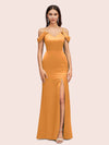 Sexy Cold Shoulder V-Neck Side Slit Mermaid Long Soft Satin Evening Prom Dresses
