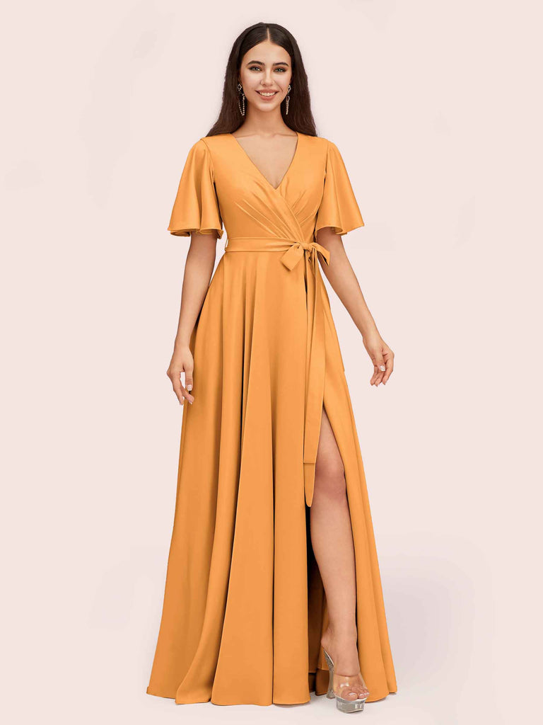 Elegant A-line V-neck Short Sleeves Long Bridesmaid Dresses With Slit Elegant A-line V-neck Short Sleeves Long Bridesmaid Dresses With Slit