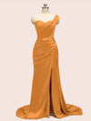 Sexy One Shoulder Long Soft Satin Mermaid Party Prom Dresses With Slit