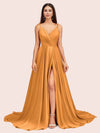 Elegant Spaghetti Straps A-line V-neck Long Soft Satin Side Slit Formal Prom Dresses