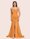 Sexy Backless Mermaid Spaghetti Straps Long Soft Satin Bridesmaid Dresses With Slit