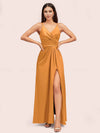 Modern Spaghetti Straps V-neck Side Slit Long Satin Party Prom Dresses With Slit