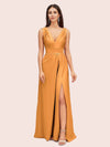 Sexy V-neck Long Side Slit Silk Satin Evening Prom Dresses Online