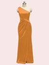 Elegant One Shoulder Long Soft Satin Mermaid Evening Prom Dresses With Slit