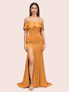 Elegant Soft Satin Off Shoulder Long Mermaid Graduation Prom Dresses With Slit