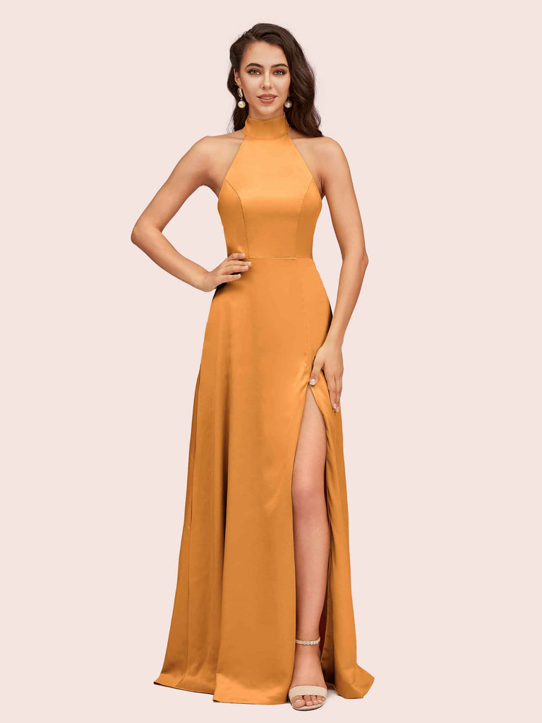 Elegant A-line High Neck Long Side Split Long Soft Satin Bridesmaid Dresses Elegant A-line High Neck Long Side Split Long Soft Satin Bridesmaid Dresses