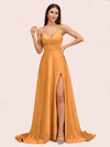 Elegant A-line Spaghetti Straps Long Soft Satin Bridesmaid Dresses With Slit For Sale