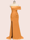 Elegant One Shoulder Long Side Slit Soft Satin Graduation Prom Dresses Online