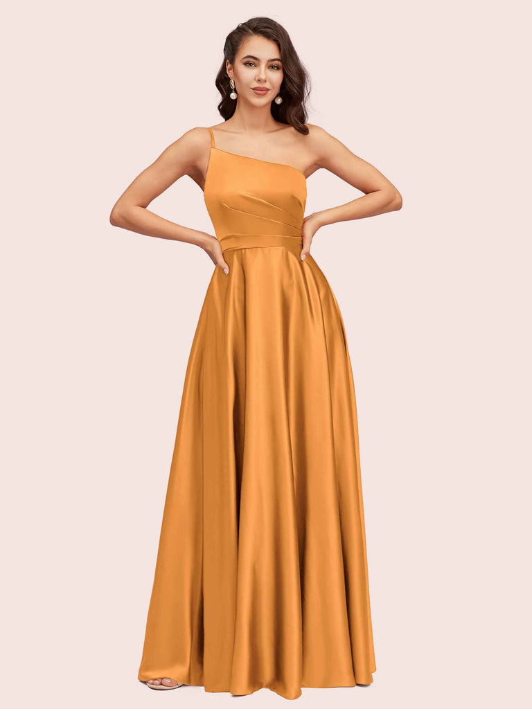 Sexy One Shoulder A-Line Long Soft Satin Bridesmaid Dresses With Pleats Sexy One Shoulder A-Line Long Soft Satin Bridesmaid Dresses With Pleats