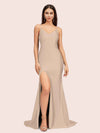 Simple Mermaid Spaghetti Straps Side Slit Long Soft Satin Formal Prom Dresses 2023