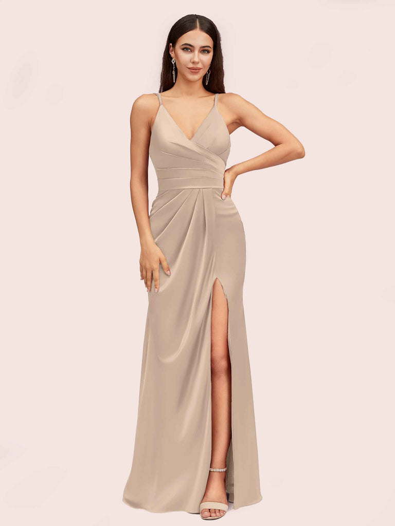 Sexy Spaghetti Straps V-neck Long Silky Soft Satin Bridesmaid Dresses With Slit