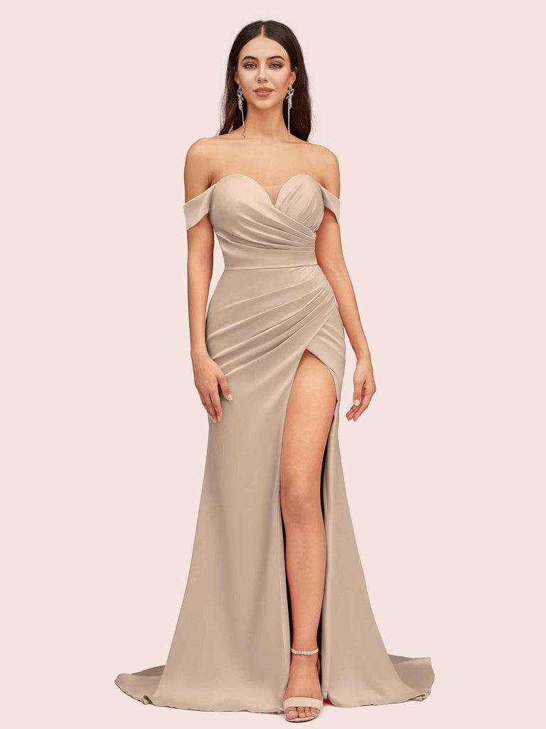 Cetims Elegant Off Shoulder Soft Satin Mermaid Bridesmaid Dress Ideal for Wedding Guests Maid of Honor and Formal Events Taupe