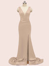 Sexy V-neck Criss Cross Side Slit Long Soft Satin Mermaid Formal Prom Dresses Online