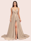 Elegant Spaghetti Straps V-neck Long Soft Satin Side Slit Bridesmaid Dresses