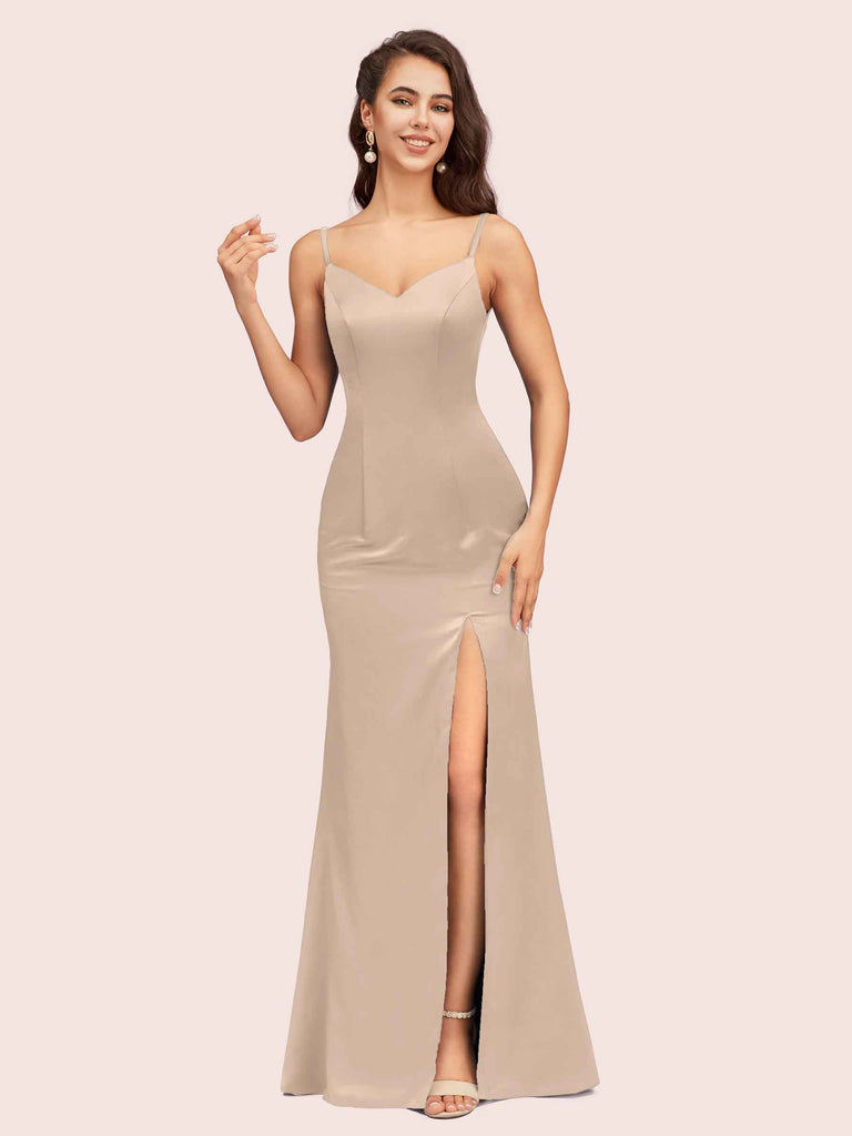 Simple Spaghetti Straps Mermaid Long Silky Satin evening Prom Dresses With Slit Simple Spaghetti Straps Mermaid Long Silky Satin evening Prom Dresses With Slit