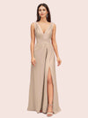 Sexy V-neck Long Side Slit Soft Satin Bridesmaid Dresses Online