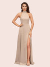 Elegant Halter Open Back Long Side Split Long Soft Satin Formal Prom Dresses