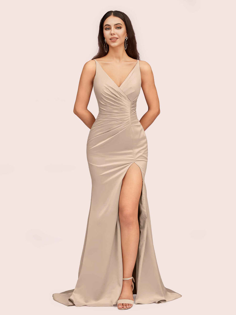 Sexy Mermaid V-neck Side Slit Long Soft Satin Bridesmaid Dresses Online Sexy Mermaid V-neck Side Slit Long Soft Satin Bridesmaid Dresses Online