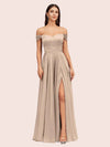 Sexy Off Shoulder Side Slit A-Line Long Soft Satin Bridesmaid Dresses Online