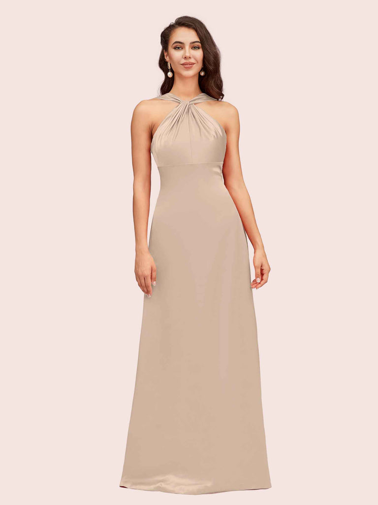 Elegant A-line Halter Sleeveless Floor Length Long Soft Satin Bridesmaid Dresses