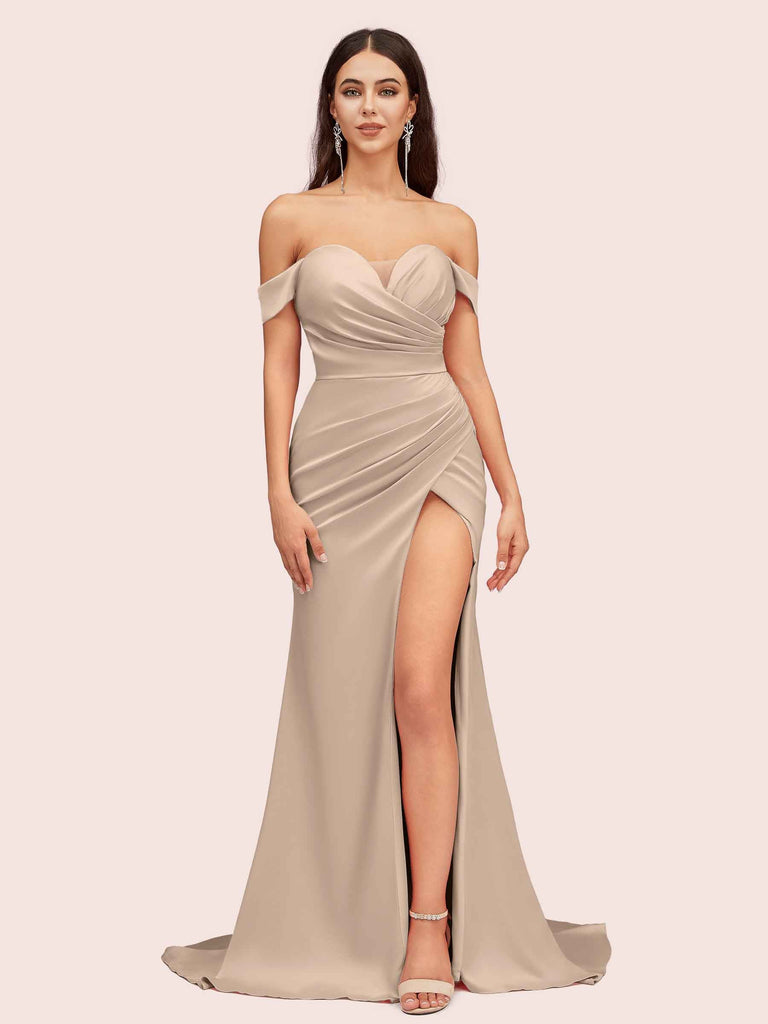 Cetims Sexy Side Split Off Shoulder Long Soft Satin Mermaid Bridesmaid Dresses Taupe
