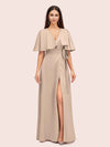 Elegant Bat Sleeves V-neck Side Slit Long Soft Satin Bridesmaid Dresses
