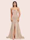 Sexy Backless Mermaid Spaghetti Straps Long Soft Satin Bridesmaid Dresses With Slit