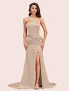 Sexy Mermaid One Shoulder Long Soft Satin Side Slit Bridesmaid Dresses Online For Sale