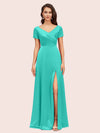 Elegant V-Neck Short Sleeves Long Soft Satin Party Prom Dresses With Slit