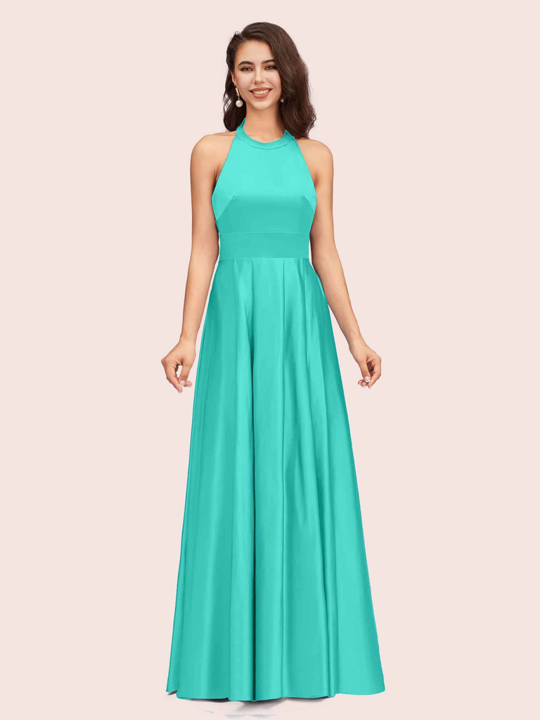Sexy Backless Halter Simple Long Satin Graduation Prom Dresses With Bow Sexy Backless Halter Simple Long Satin Graduation Prom Dresses With Bow