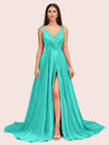 Elegant Spaghetti Straps V-neck Long Soft Satin Side Slit Bridesmaid Dresses
