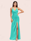 Sexy Spaghetti Straps V-neck Long Silky Soft Satin Formal Prom Dresses With Slit