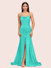 Sexy Backless Mermaid Spaghetti Straps Long Soft Satin Prom Dresses With Slit