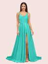 Elegant A-line Spaghetti Straps Long Soft Satin Bridesmaid Dresses With Slit Online