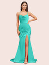 Sexy Backless Mermaid Spaghetti Straps Cowl Long Satin Formal Prom Dresses With Slit