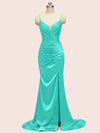 Sexy Spaghetti Straps V-neck Mermaid Long Satin Graduation Prom Dresses With Slit