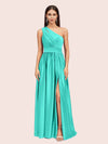 Sexy A-Line One Shoulder Long Side Slit Soft Satin Bridesmaid Dresses
