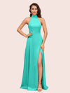 Elegant A-line High Neck Long Side Split Long Soft Satin Bridesmaid Dresses