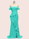 Sexy Off Shoulder Ruffles Long Soft Satin Party Prom Dresses With Slit