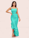 Sexy Unique Mermaid Spaghetti Straps Asymmetrical Soft Satin Formal Prom Dresses
