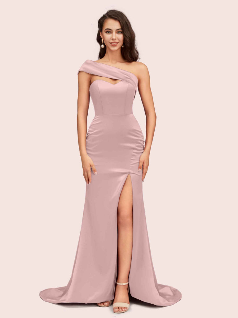 Sexy Mermaid One Shoulder Long Soft Satin Evening Prom Dresses With Slit